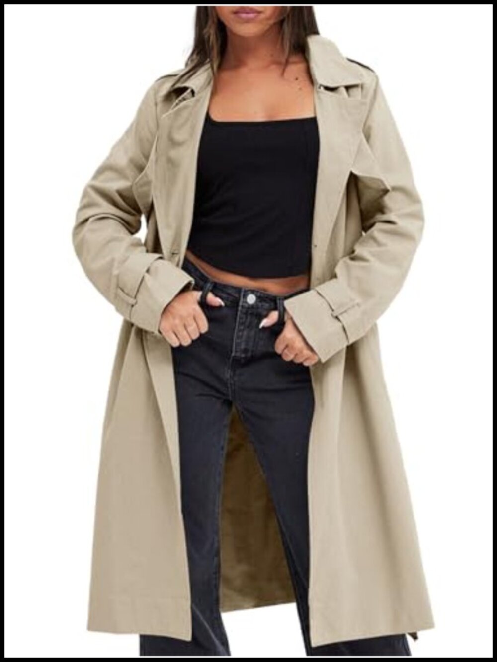 Double Breasted Trench Coat Long Lapel Belted Overcoat
